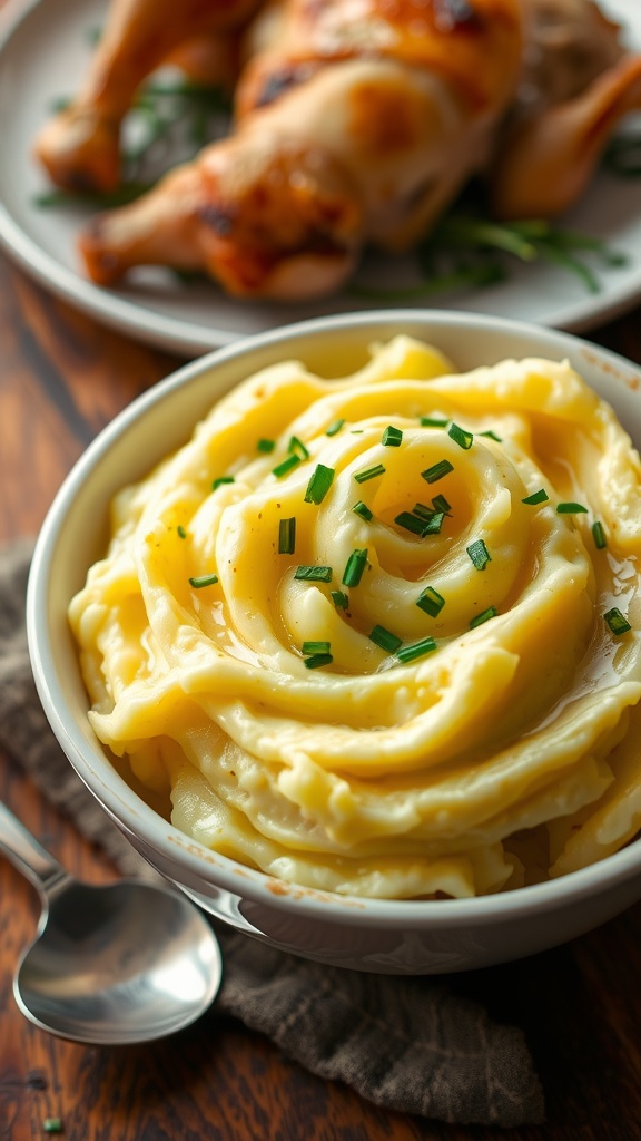 Creamy garlic mashed potatoes topped with chives, on a rustic table beside a plate of roasted chicken.